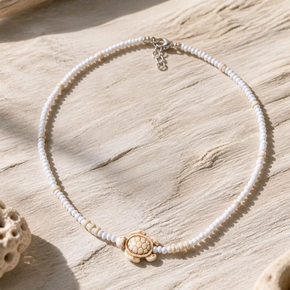 Sea Turtle White Beaded Boho Surfer Choker Necklace